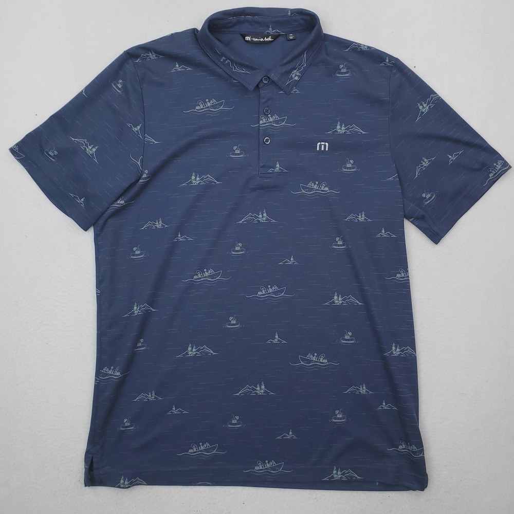 Travis Mathew Polo Shirt Mens 2XL Blue Fishing Boat Print Golf Nautical Summer